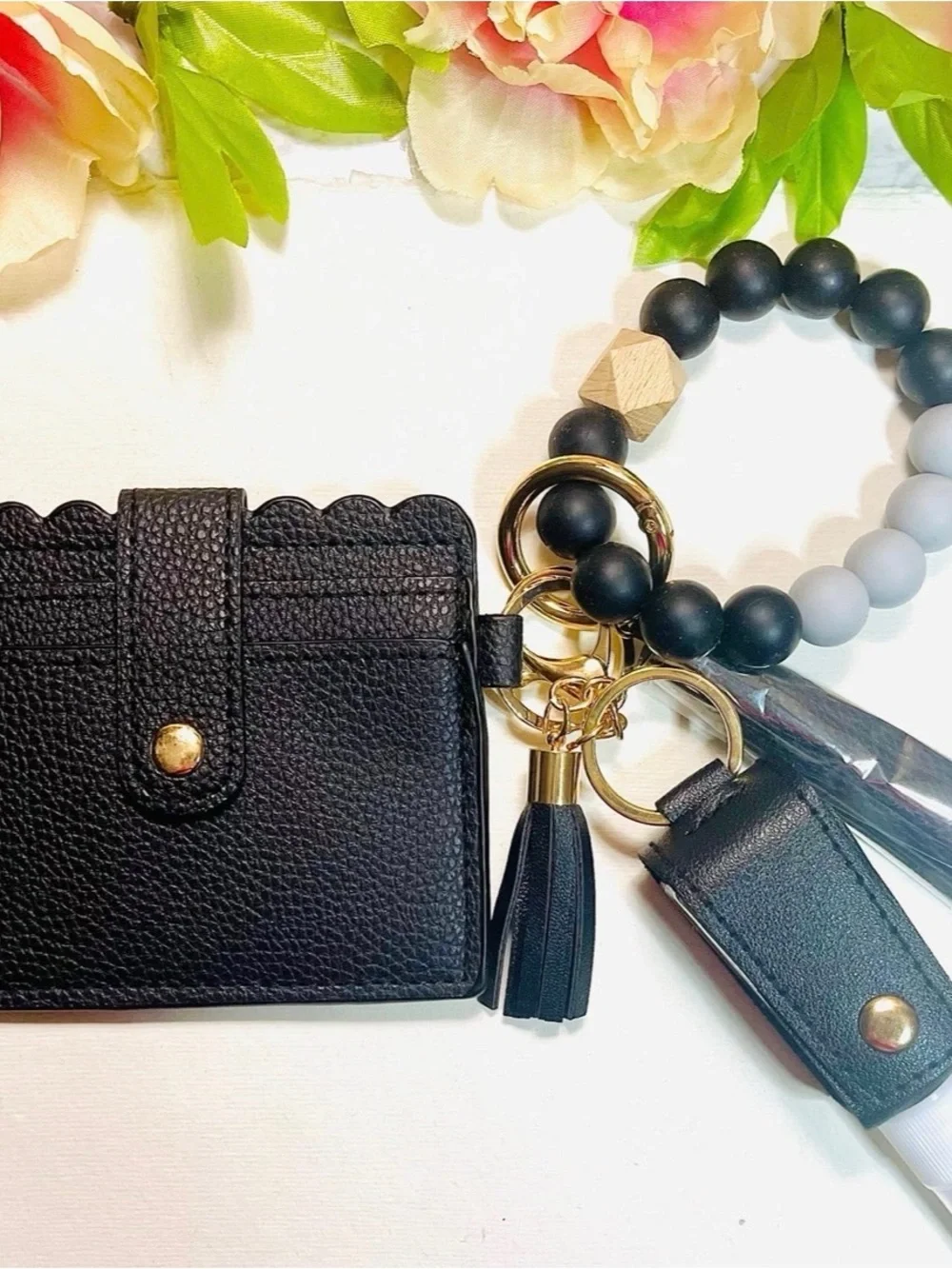 Black card wallet silicone Beaded wristlet
